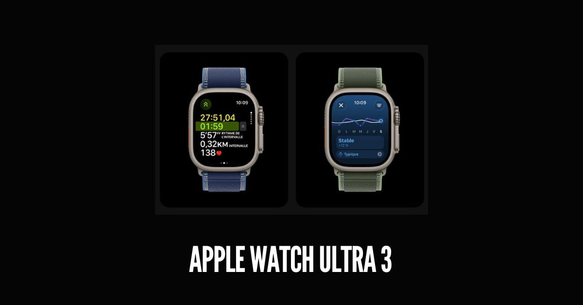 ساعة Apple Watch Ultra 3 الرياضية بواجهة ملونة وحزام قماشي متين مخصص للمغامرات ولقطة شاشة لواجهات Apple Watch Ultra 3 تظهر تطبيق قياس نبضات القلب وتتبع النشاط البدني المتقدم.