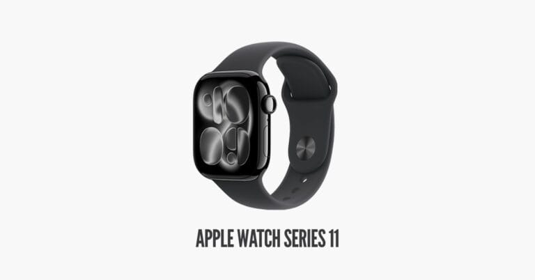 ساعة Apple Watch Series 11 باللون الأسود اللامع (Jet Black) مع سوار رياضي أسود وتصميم هيكل أنيق ونحيف