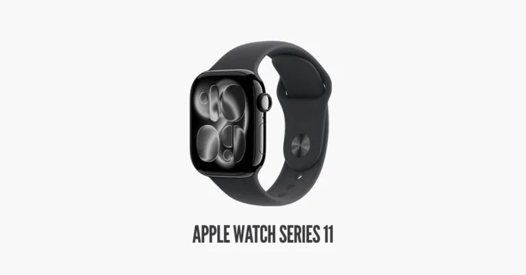 ساعة Apple Watch Series 11 باللون الأسود اللامع (Jet Black) مع سوار رياضي أسود وتصميم هيكل أنيق ونحيف