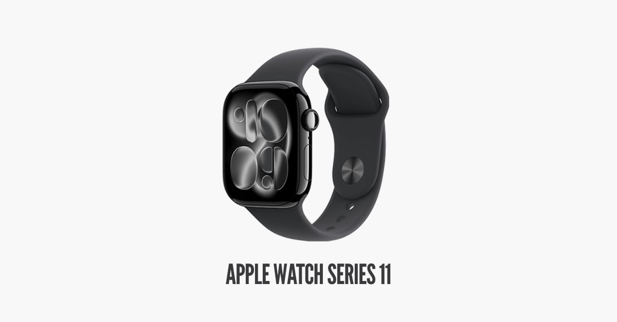 ساعة Apple Watch Series 11 باللون الأسود اللامع (Jet Black) مع سوار رياضي أسود وتصميم هيكل أنيق ونحيف