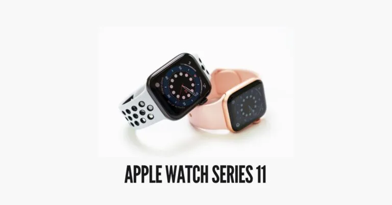 ساعة Apple Watch Series 11 بإصدارين مختلفين، سوار رياضي أبيض وسوار وردي ناعم خلفية بيضاء